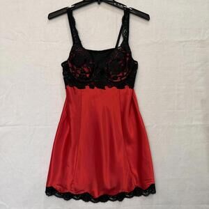 VTG 90's Victoria's Secret Sz L Red Satin Black Lace Bustier Slip Dress Babydoll
